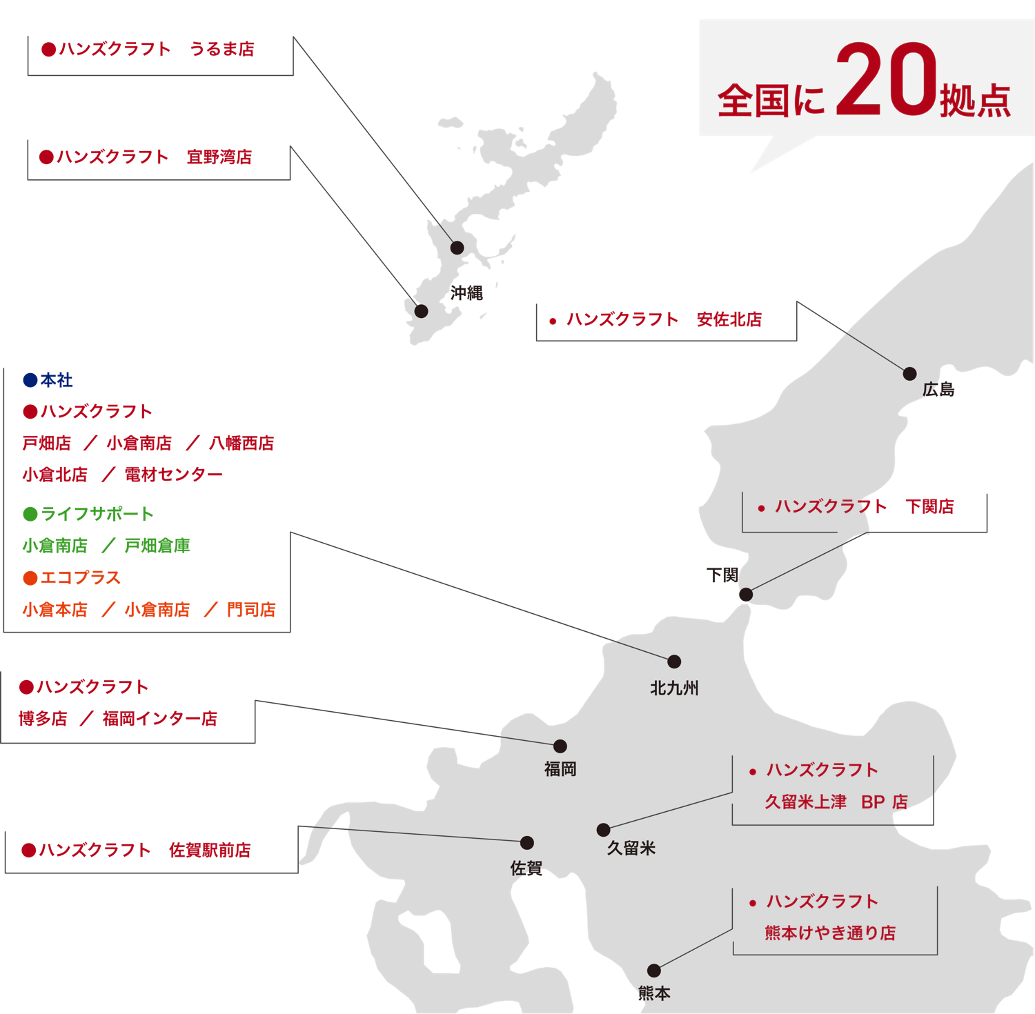 全国に20拠点 ハンズクラフト うるま店 宜野湾店 安佐北店 戸畑店 小倉南店 八幡西店 小倉北店 電材センター 博多店 福岡インター店 佐賀駅前店 安佐北店 下関店 久留米上津BP点 熊本けやき通り店/ ライフサポート 小倉南店 戸畑倉庫 / エコプラス 小倉本店 小倉南店 門司店